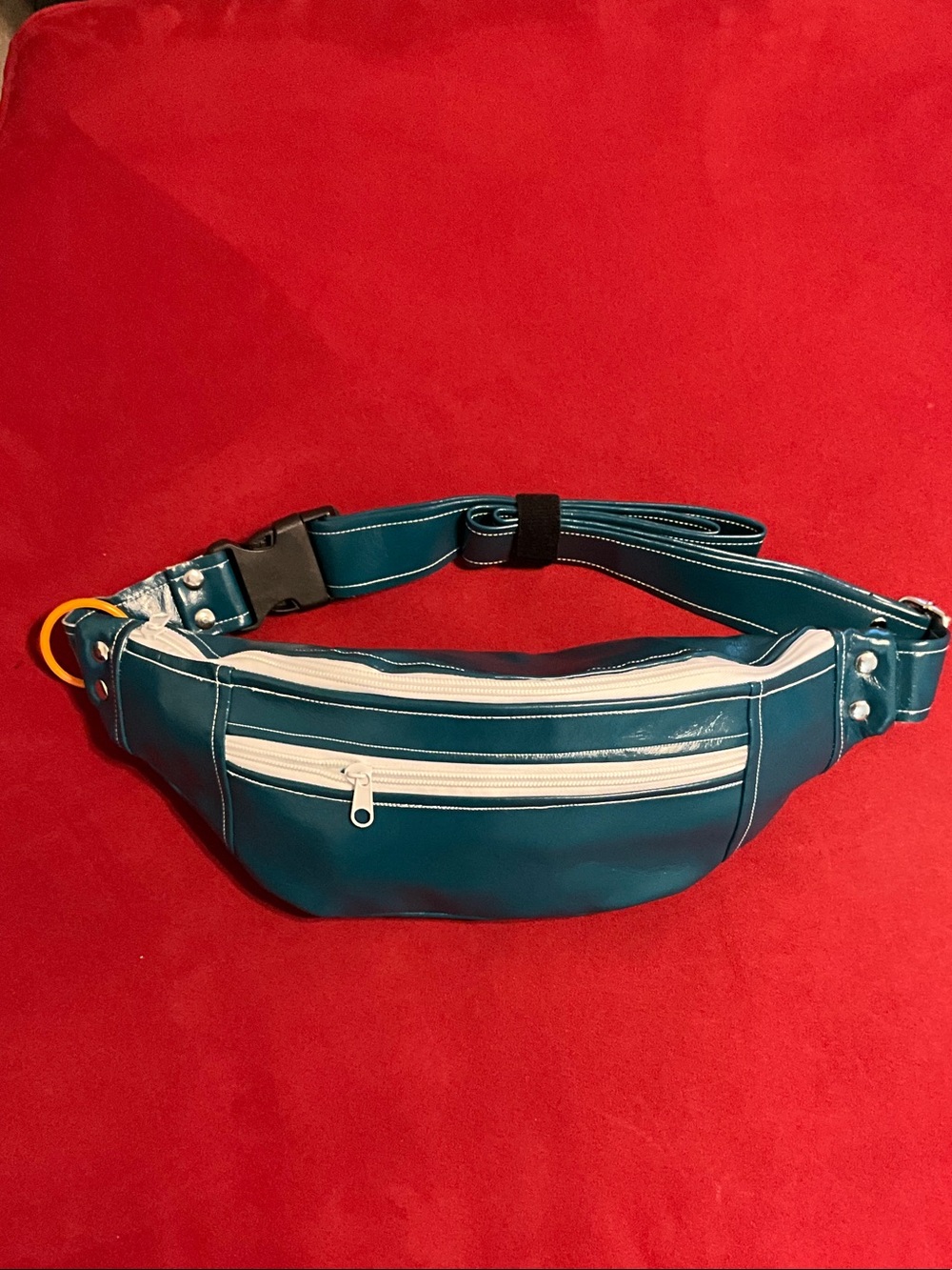 Teal Leather Waist Belt Bag with White Zippers